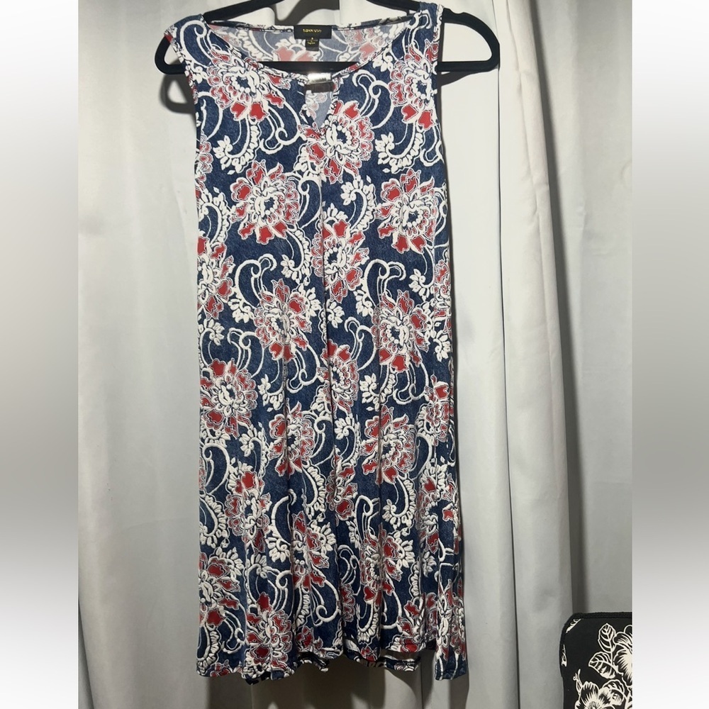 Espresso Blue Red Floral Sleeveless A-Line Dress Size S - Picture 2 of 5